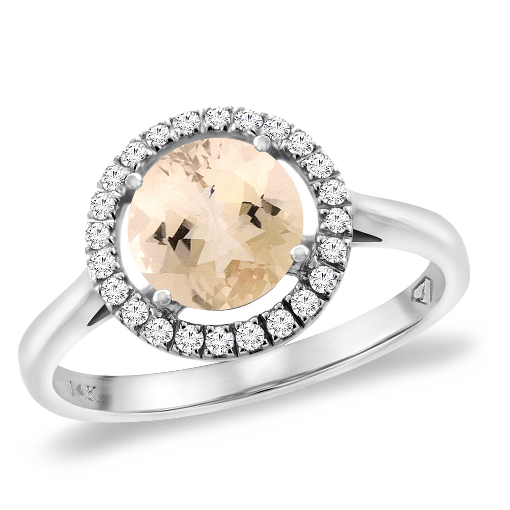 14K White Gold Natural Morganite Halo Engagement Ring Round 8 mm, sizes 5 -10