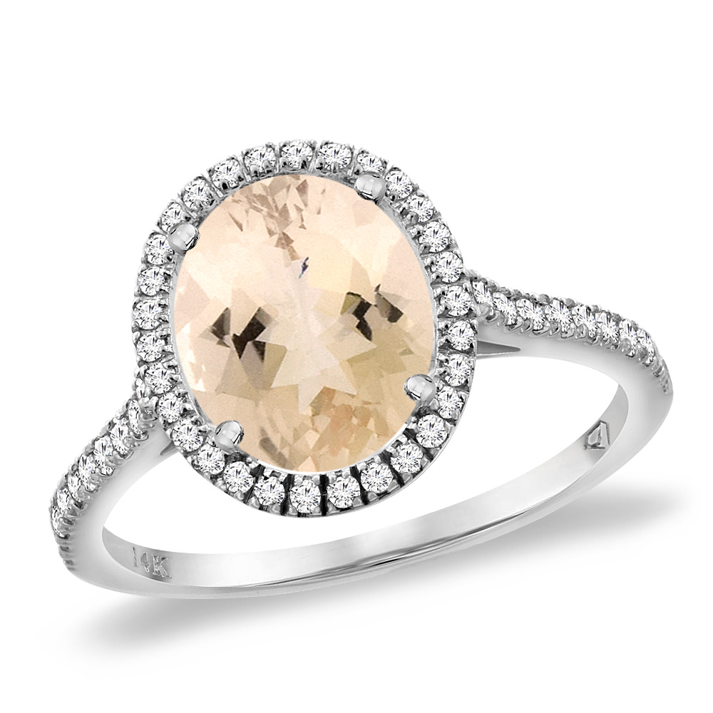 14K White Gold Natural Morganite Diamond Halo Engagement Ring 10x8 mm Oval, sizes 5 -10