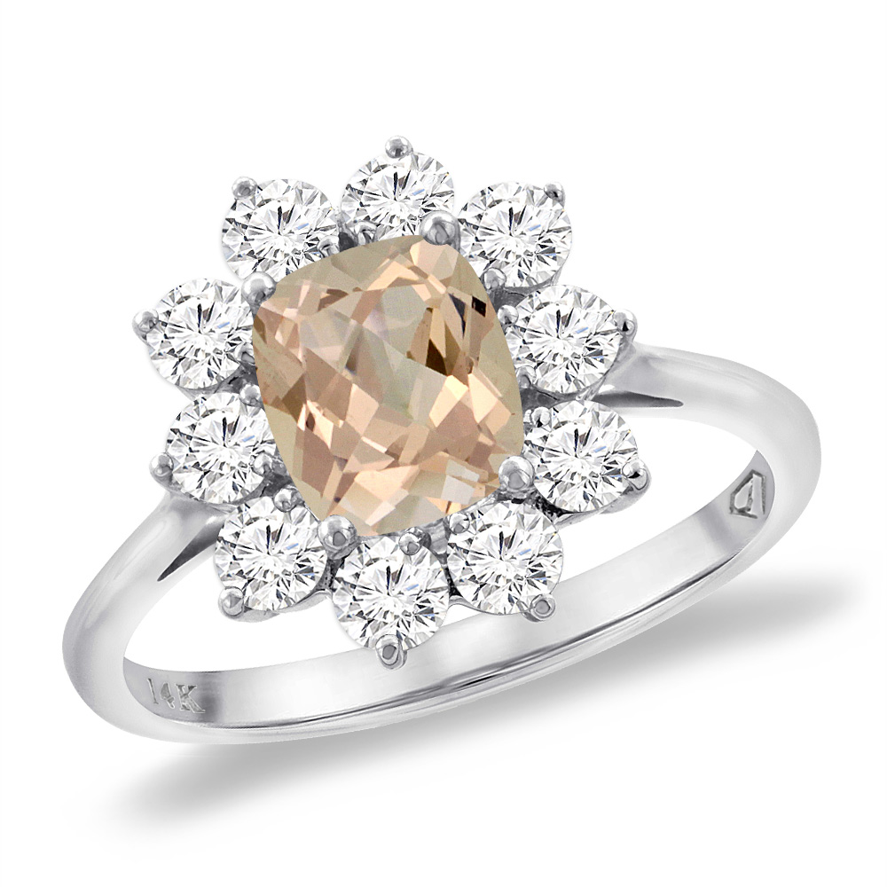 14K White Gold Diamond Natural Morganite Engagement Ring 8x6 mm Cushion, sizes 5 -10