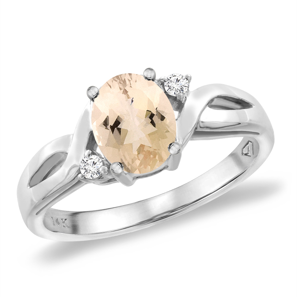 14K White Gold Diamond Natural Morganite Engagement Ring Oval 8x6 mm, sizes 5 -10