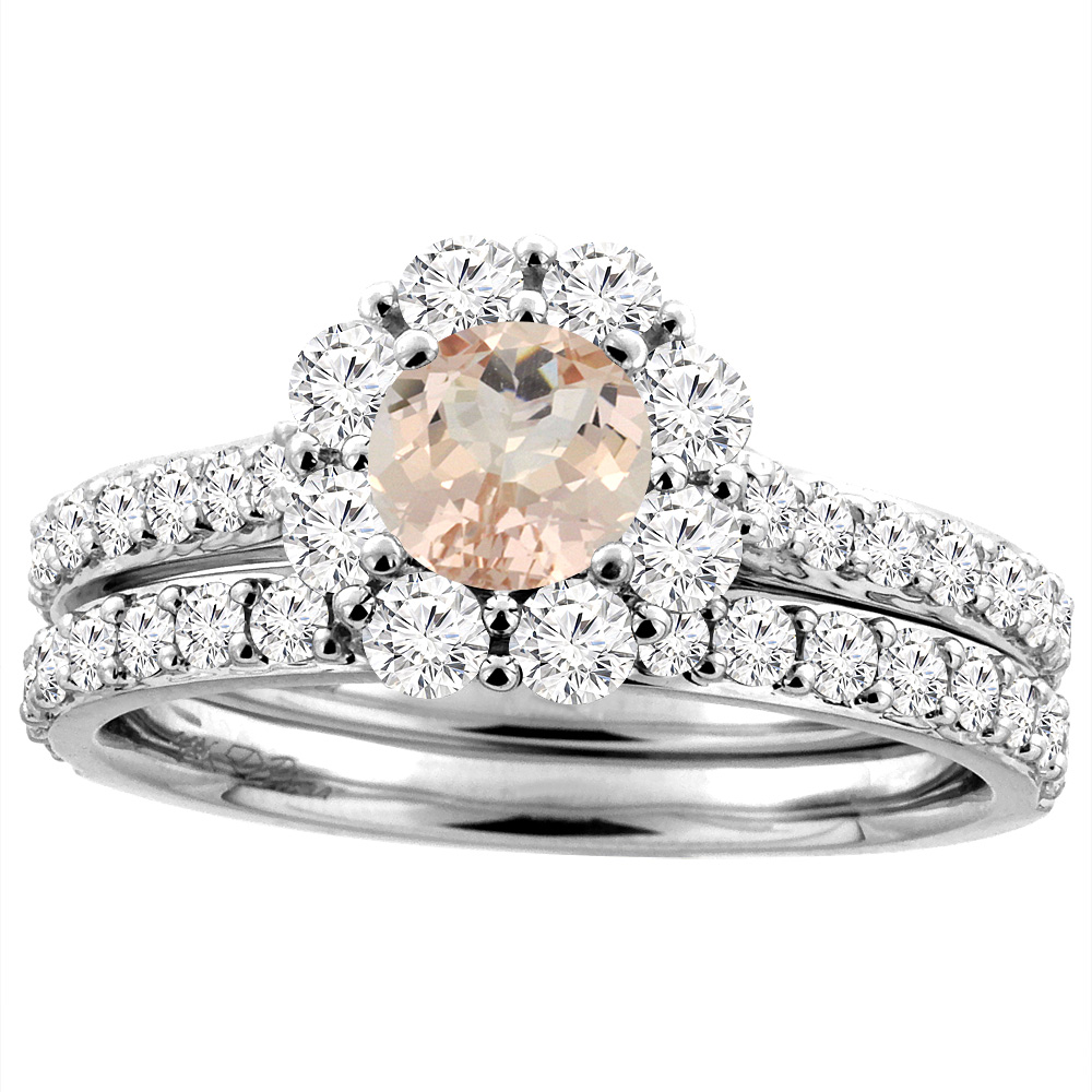 14K White Gold Diamond Natural Morganite Halo Engagement Ring Set Round 5 mm, sizes 5-10