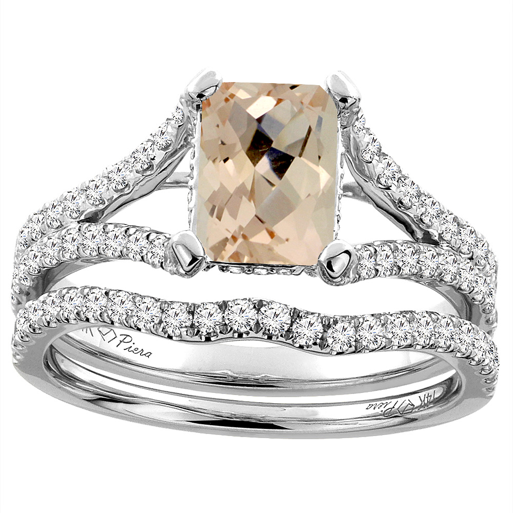 14K White Gold Natural Morganite Engagement Ring Set Emerald 8x6 mm, sizes 5-10