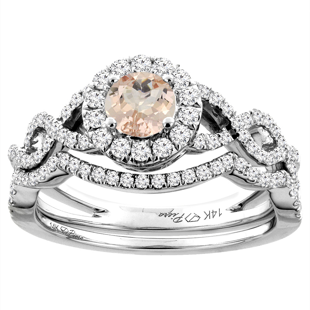14K White Gold Diamond Natural Morganite Halo Engagement Bridal Ring Set Round 5 mm, sizes 5-10
