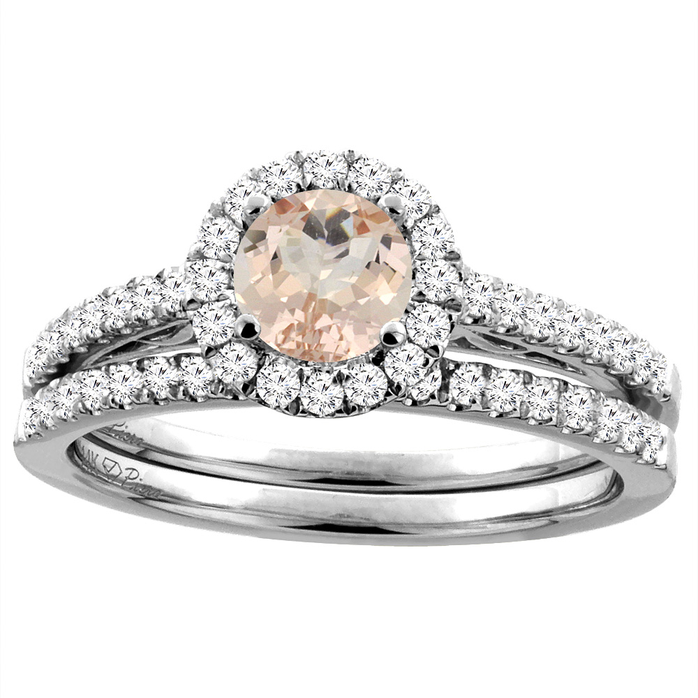 14K White Gold Diamond Natural Morganite Halo Engagement Bridal Ring Set Round 6 mm, sizes 5-10