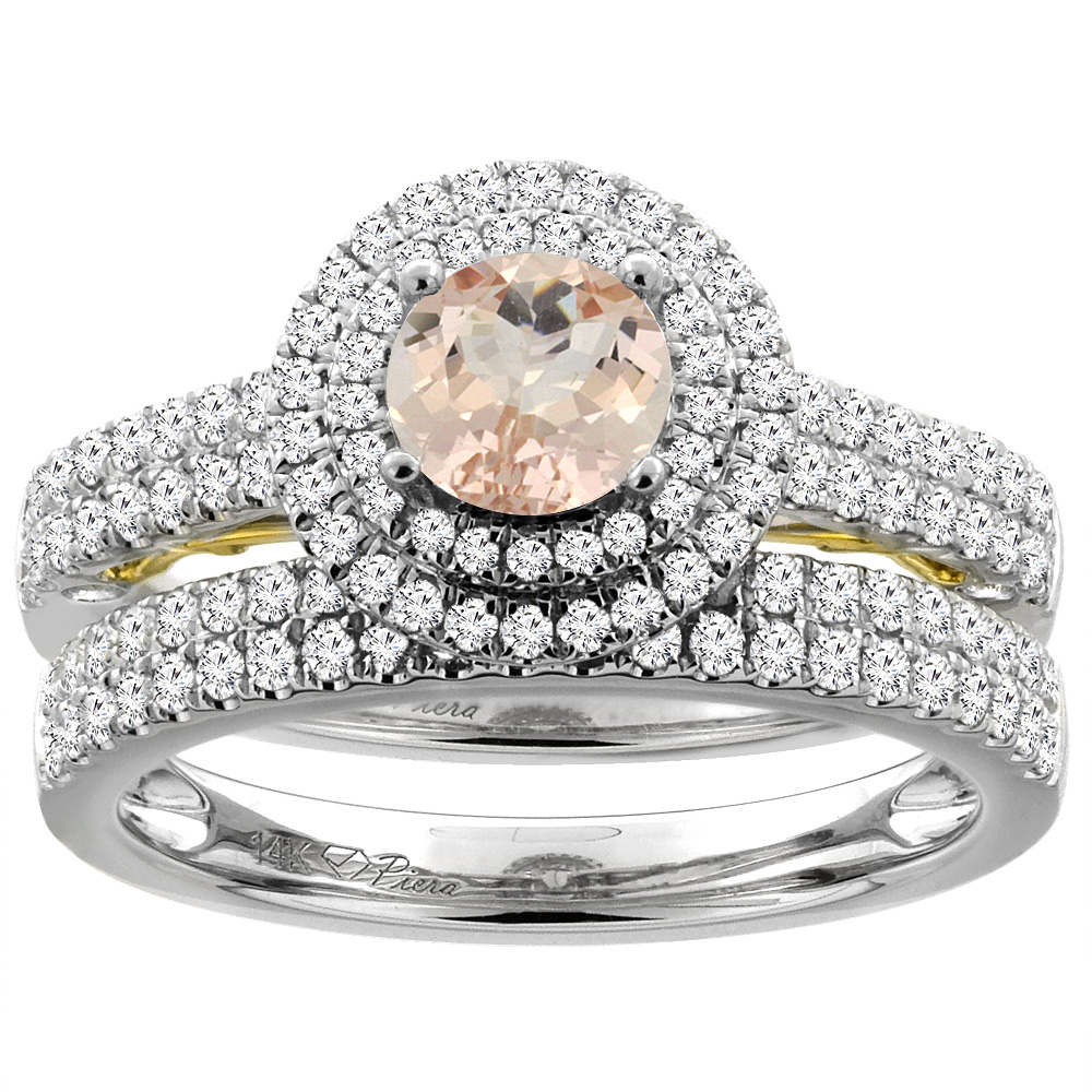 14K White Gold Diamond Natural Morganite Halo Engagement Ring Set Round 6 mm, sizes 5-10