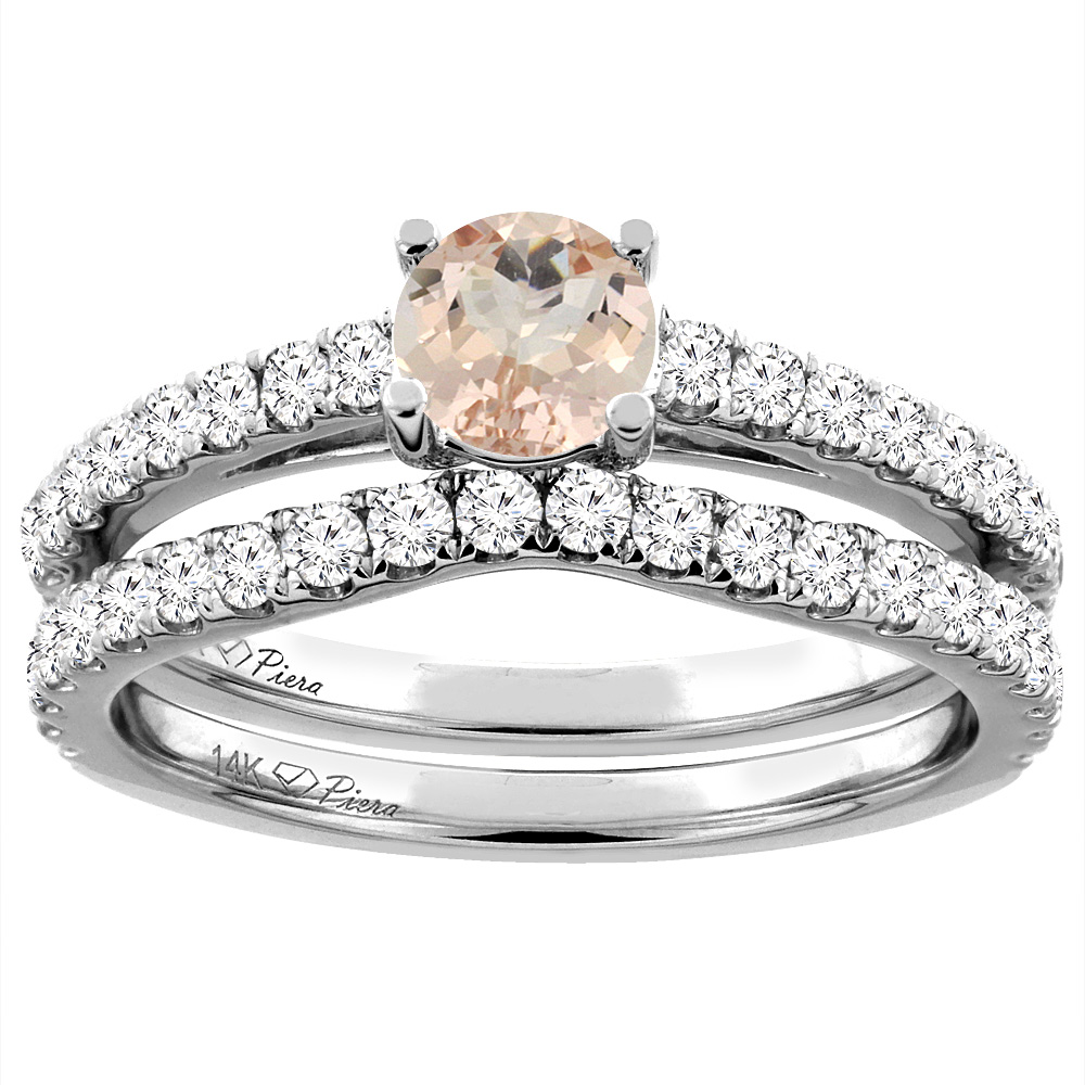 14K White Gold Diamond Natural Morganite Engagement Bridal Ring Set Round 6 mm, sizes 5-10