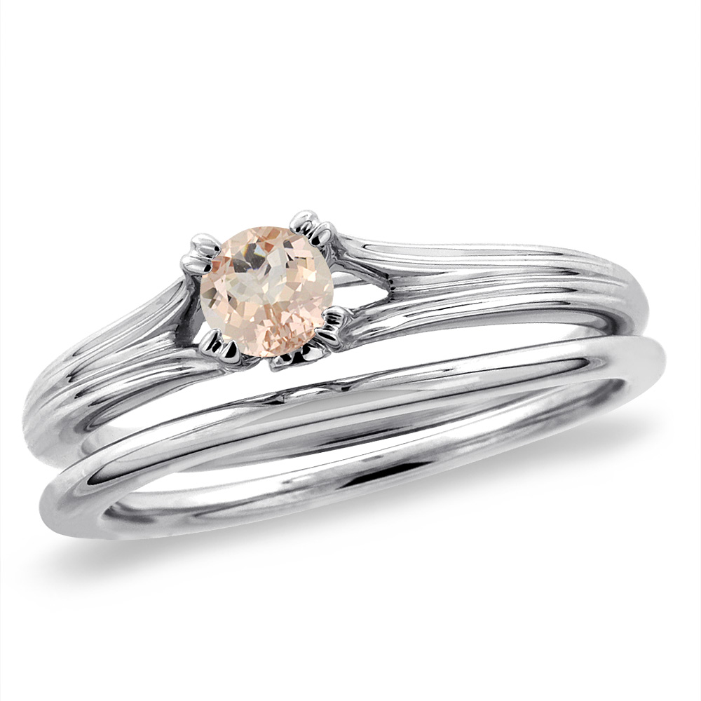 14K White Gold Diamond Natural Morganite 2pc Solitaire Engagement Ring Set Round 6 mm, sizes 5-10