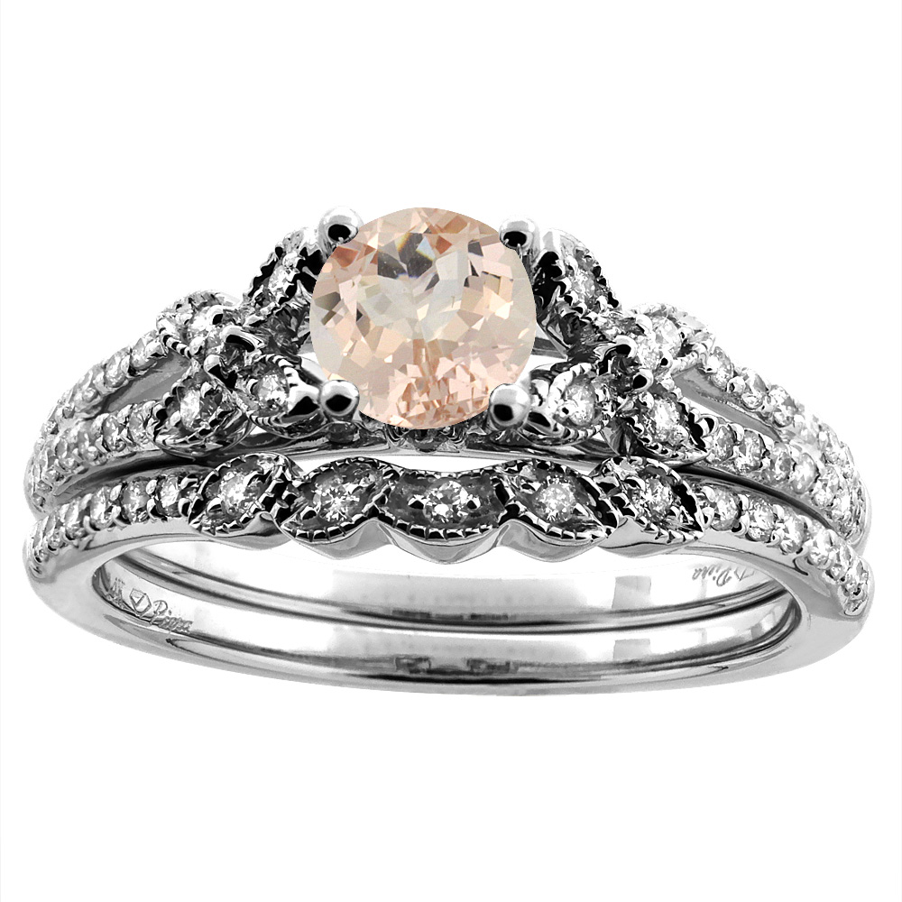 14K White/Yellow Gold Floral Diamond Natural Morganite 2pc Engagement Ring Set Round 5 mm, sizes 5-10