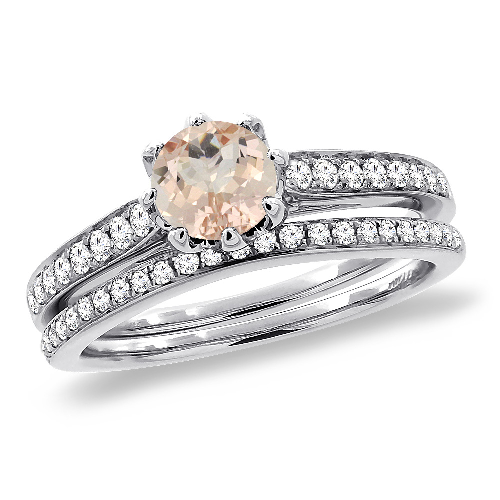 14K White Gold Diamond Natural Morganite 2pc Engagement Ring Set Round 5 mm, sizes 5-10