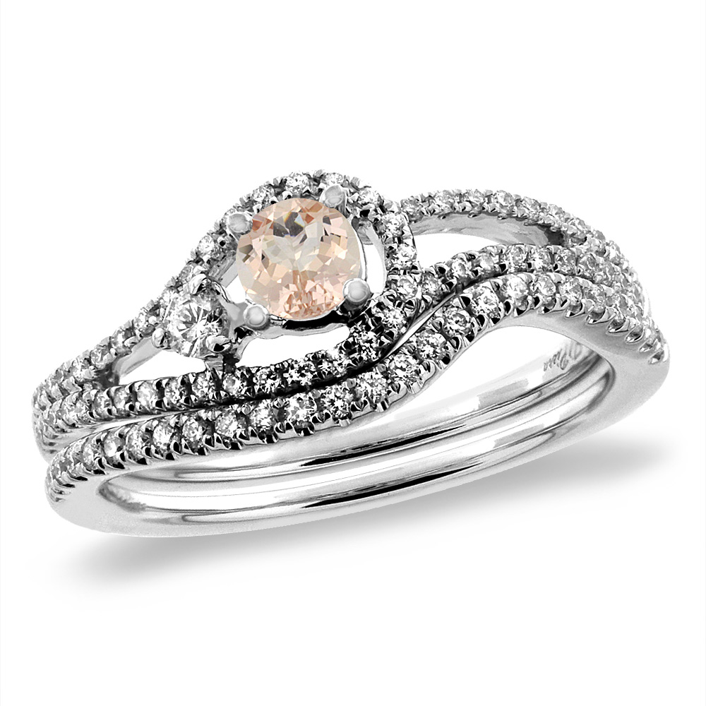 14K White Gold Diamond Natural Morganite 2pc Engagement Ring Set Round 5 mm, sizes 5-10