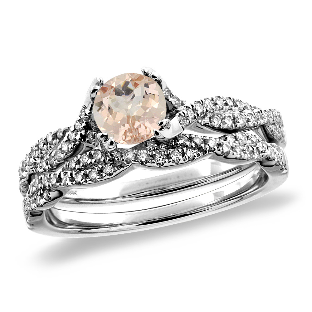 14K White/Yellow Gold Diamond Natural Morganite 2pc Infinity Engagement Ring Set Round 5 mm, sizes 5-10