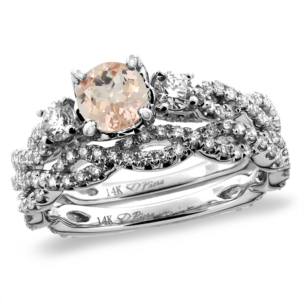 14K White/Yellow Gold Diamond Natural Morganite 2pc Infinity Engagement Ring Set Round 5 mm, sizes 5-10