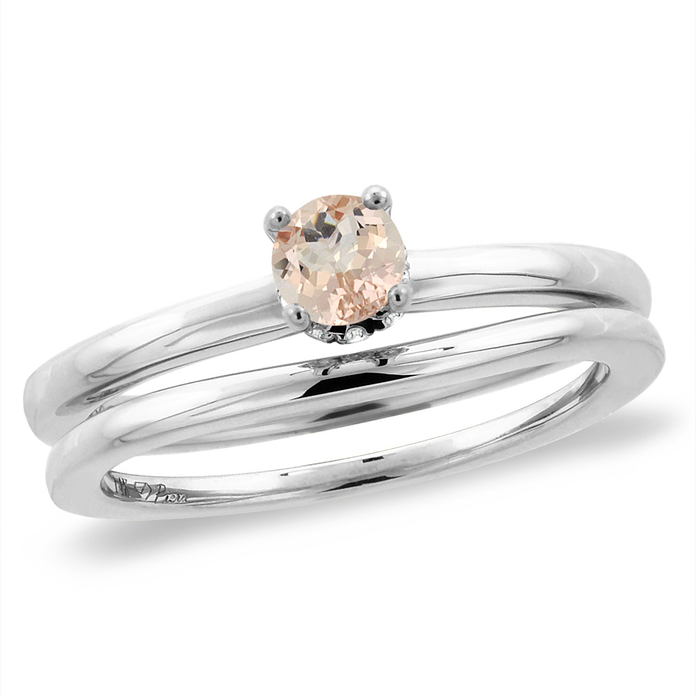 14K White Gold Diamond Natural Morganite 2pc Solitaire Engagement Ring Set Round 5 mm, sizes 5 -10