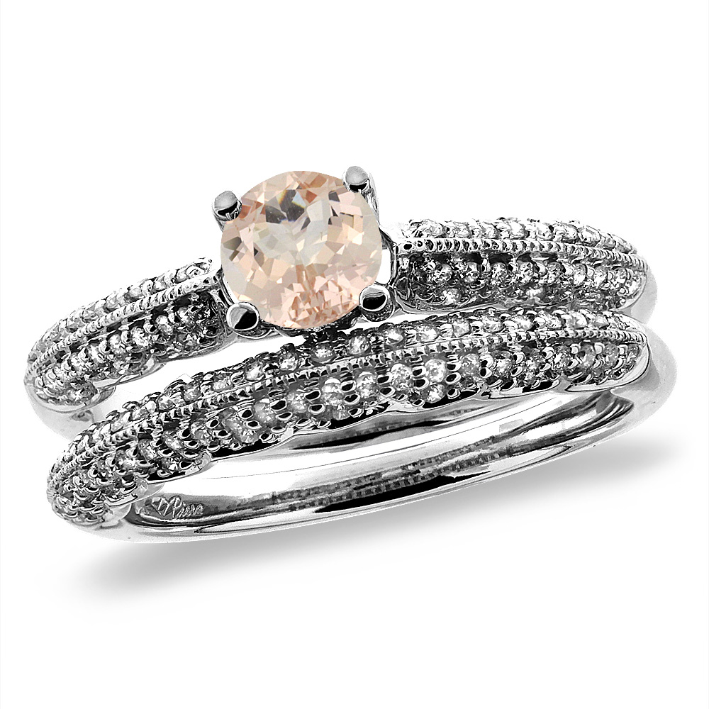 14K White/Yellow Gold Diamond Natural Morganite 2pc Engagement Ring Set Round 5 mm, sizes 5-10