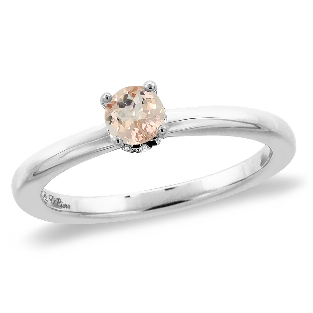 14K White Gold Diamond Natural Morganite Solitaire Engagement Ring Round 5 mm, sizes 5 -10