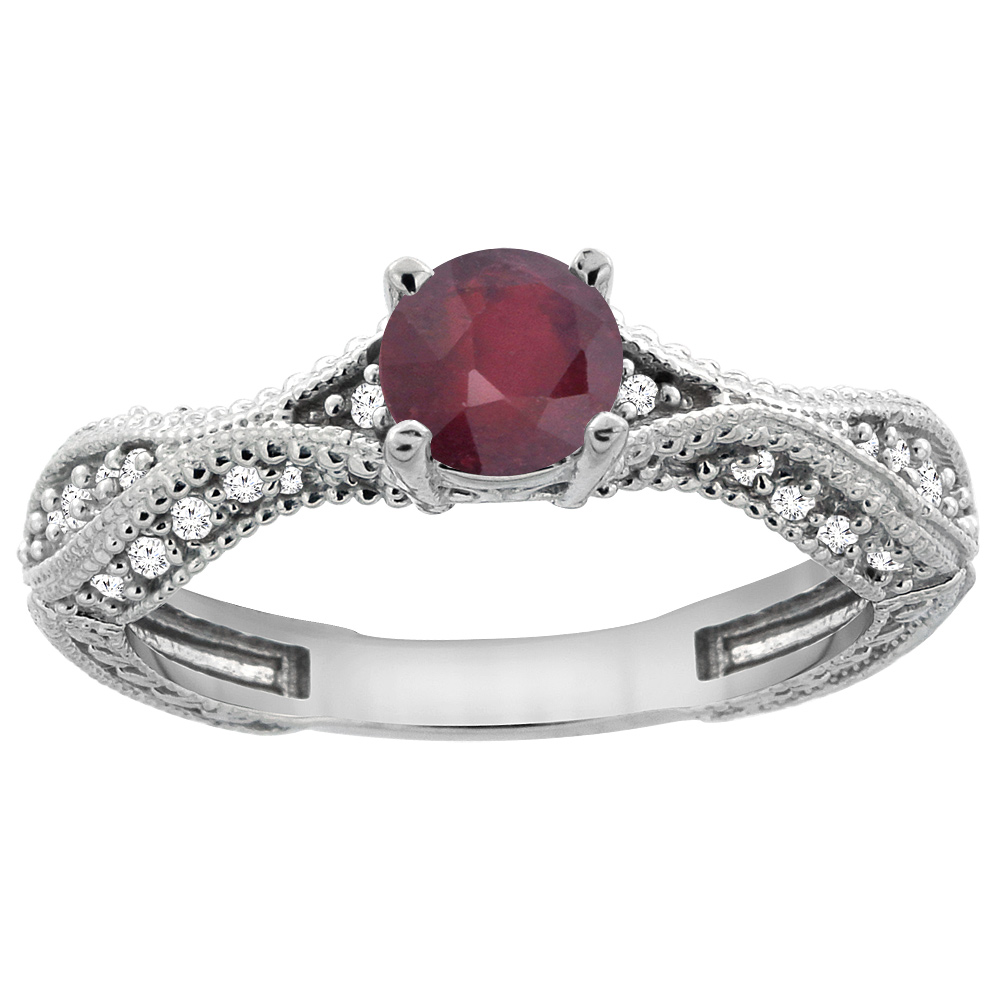 14K White Gold Natural Enhanced Ruby Round 5mm Engraved Engagement Ring Diamond Accents, sizes 5 - 10