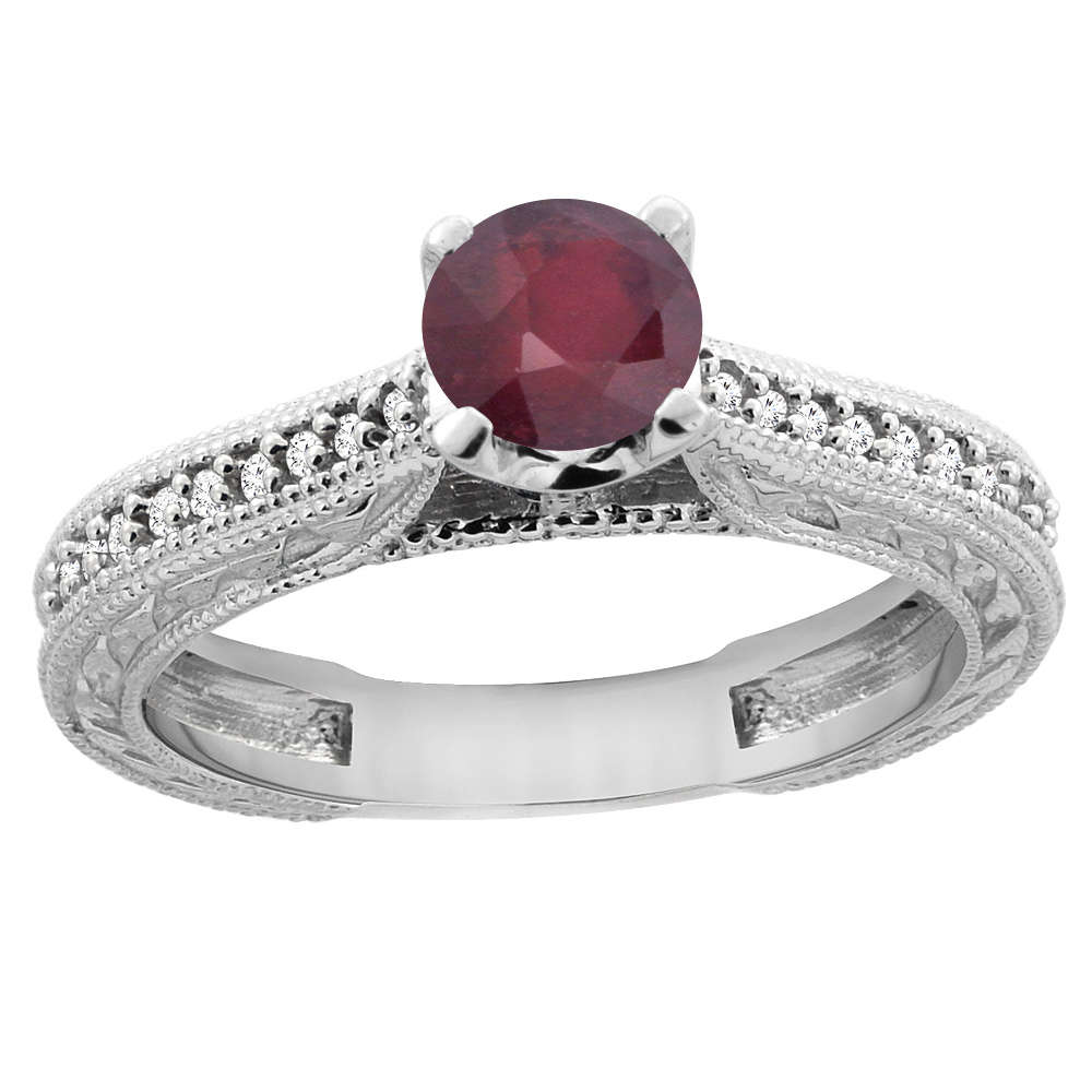14K White Gold Natural Enhanced Ruby Round 5mm Engraved Engagement Ring Diamond Accents, sizes 5 - 10