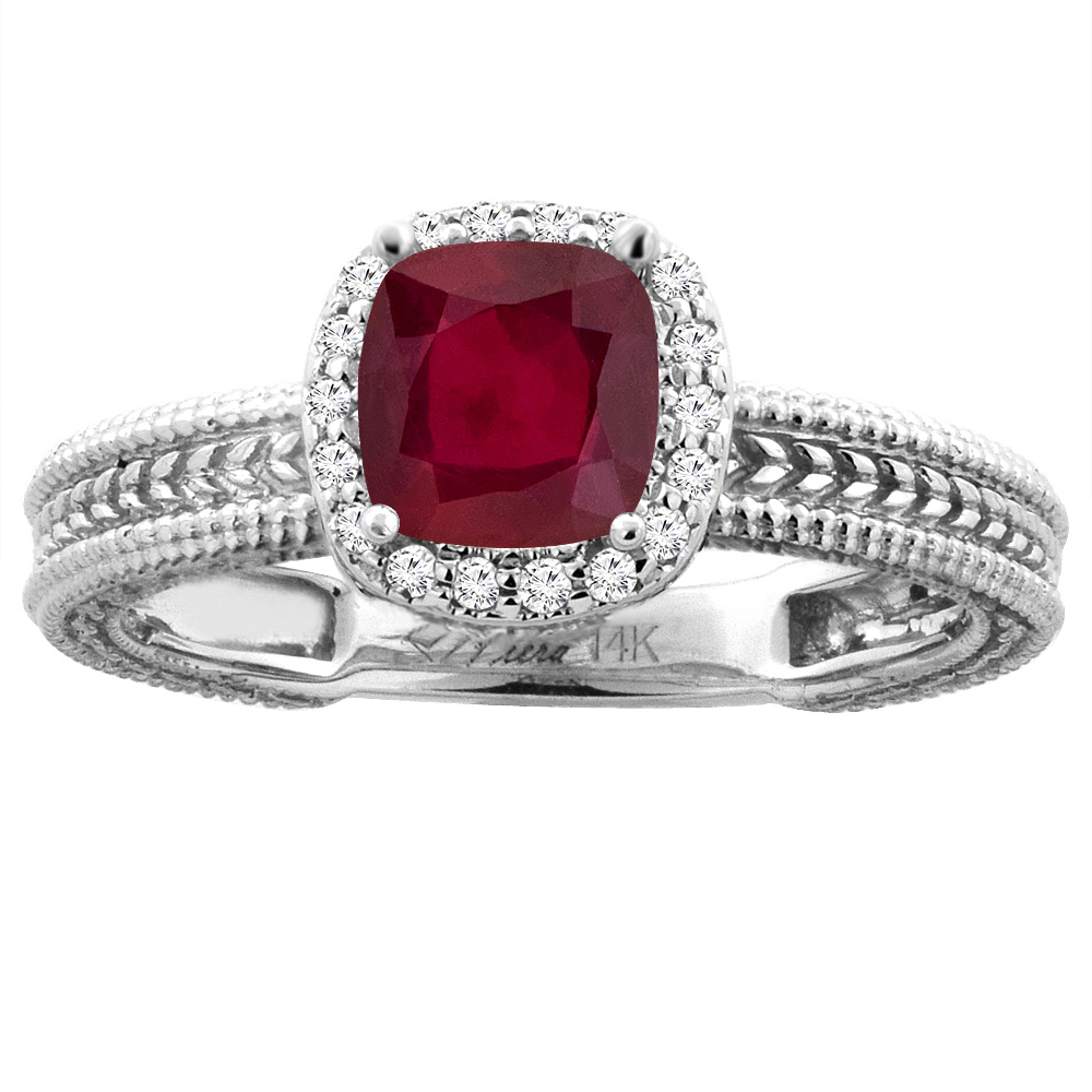14K White Gold Diamond Enhanced Genuine Ruby Engagement Ring Cushion 7x7 mm, sizes 5-10