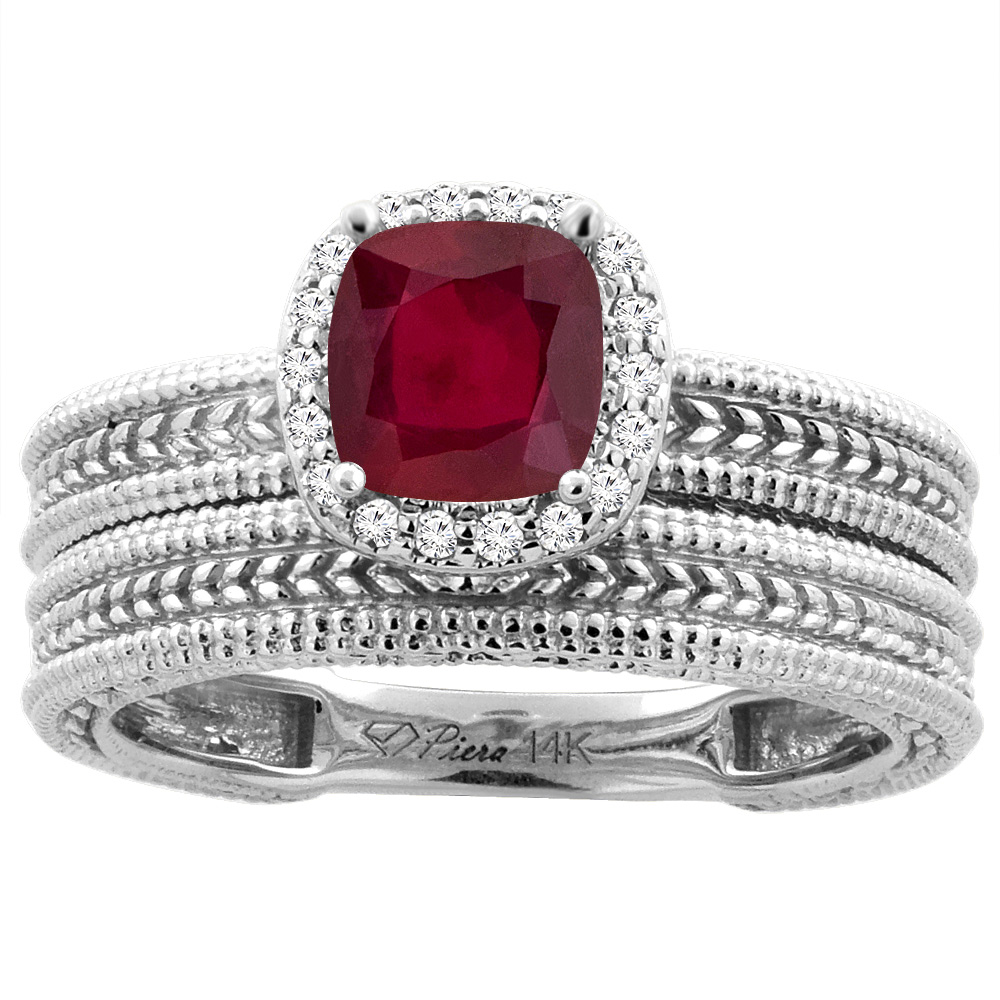 14K White Gold Diamond Enhanced Genuine Ruby 2-pc Engagement Ring Set Cushion 7x7 mm, sizes 5-10