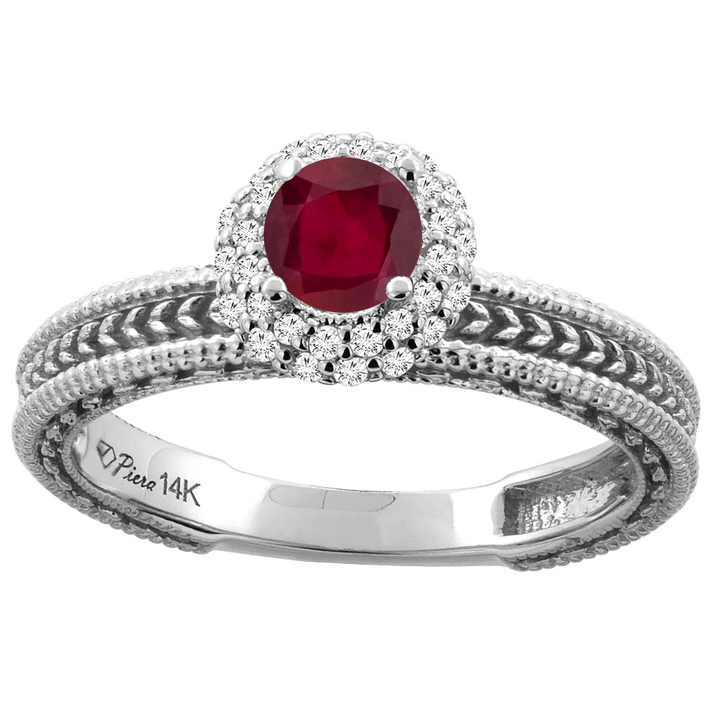 14K White Gold Enhanced Genuine Ruby &amp; Diamond Engagement Ring Round 5 mm, sizes 5-10