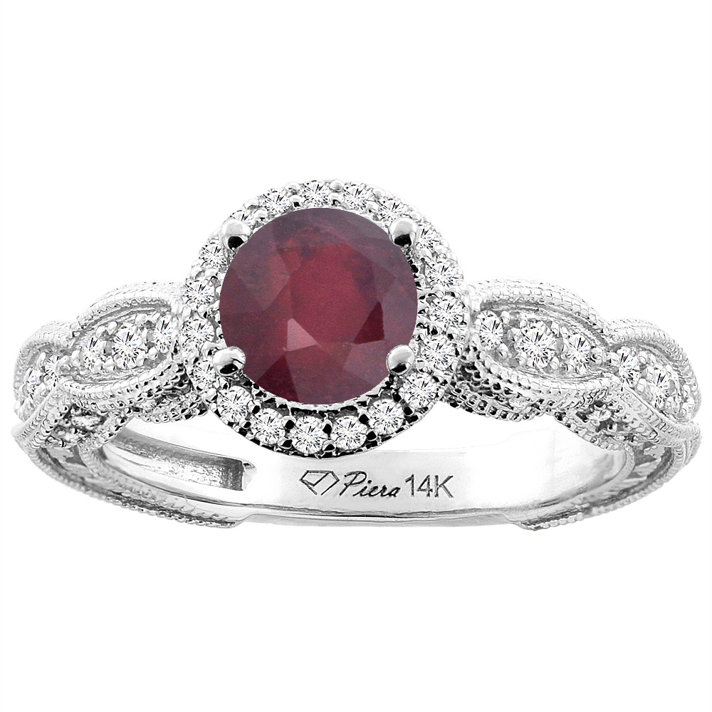14K White Gold Enhanced Ruby &amp; Diamond Halo Ring Round 6 mm, sizes 5-10