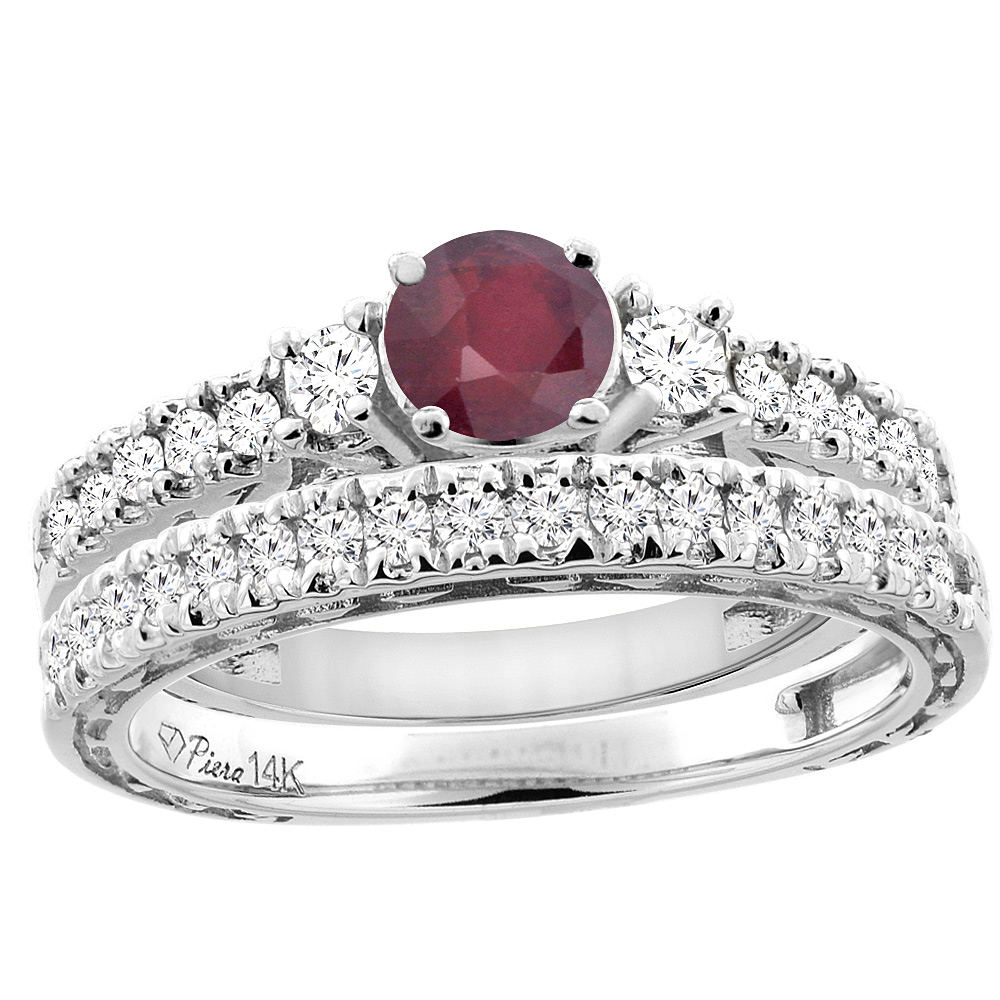 14K White Gold Diamond Enhanced Ruby Engagement 2-pc Ring Set Engraved Round 6 mm, sizes 5 - 10