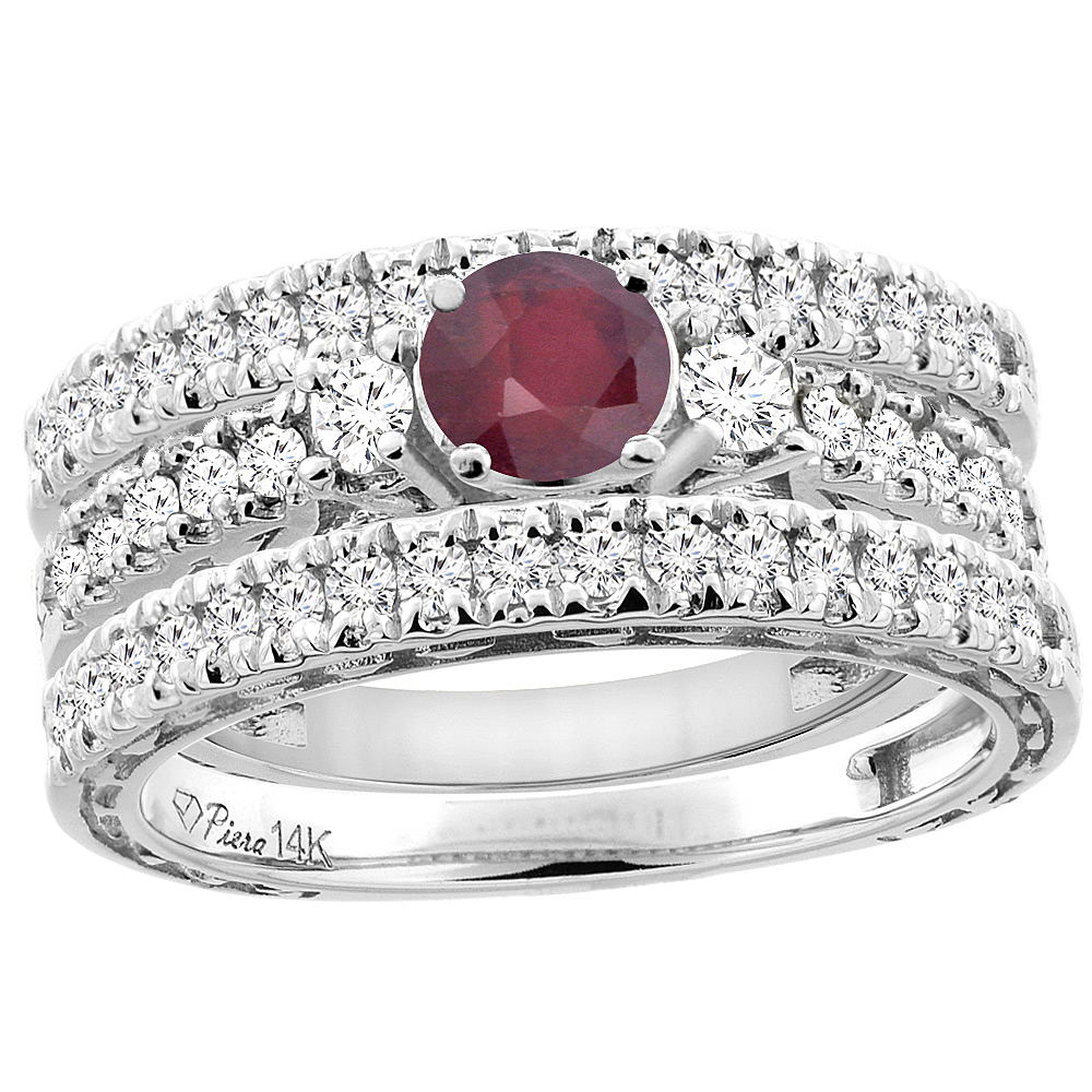 14K White Gold Diamond Enhanced Ruby Engagement 3-pc Ring Set Engraved Round 6 mm, sizes 5 - 10