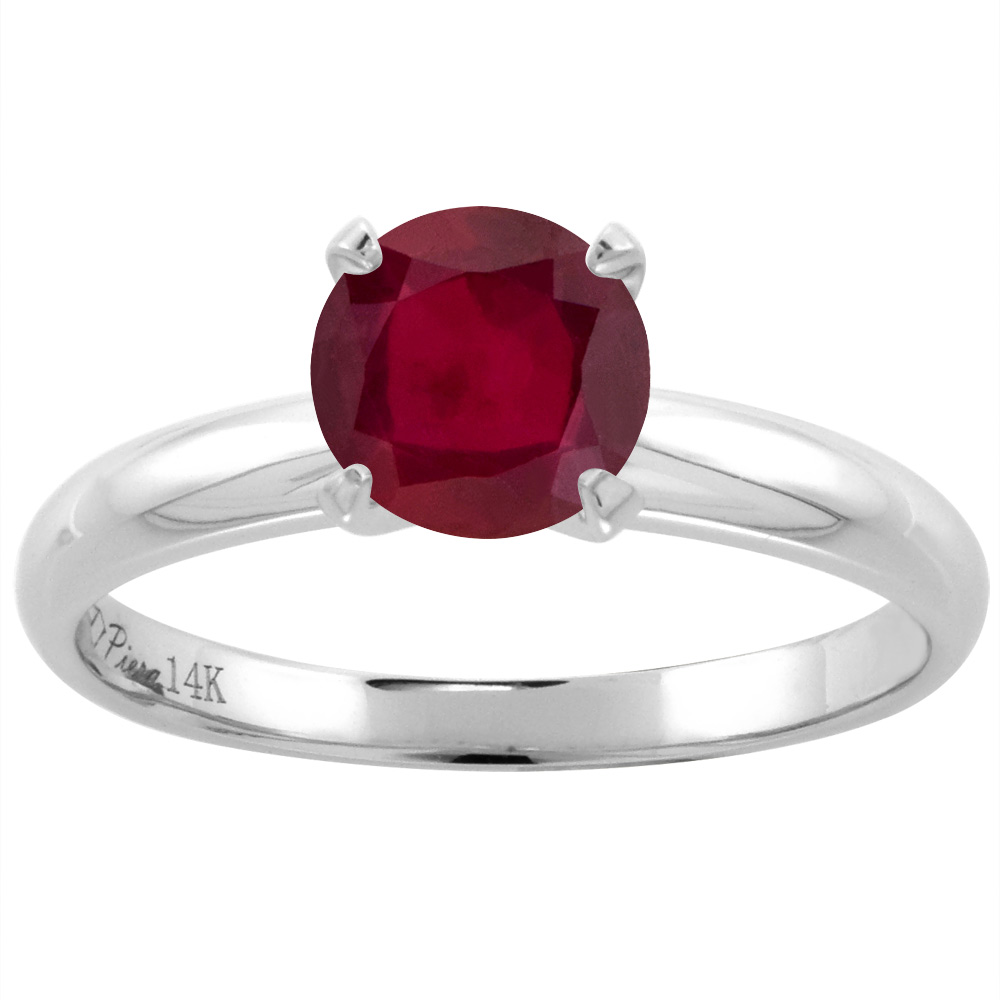 14K White Gold Enhanced Genuine Ruby Solitaire Engagement Ring Round 7 mm, sizes 5-10