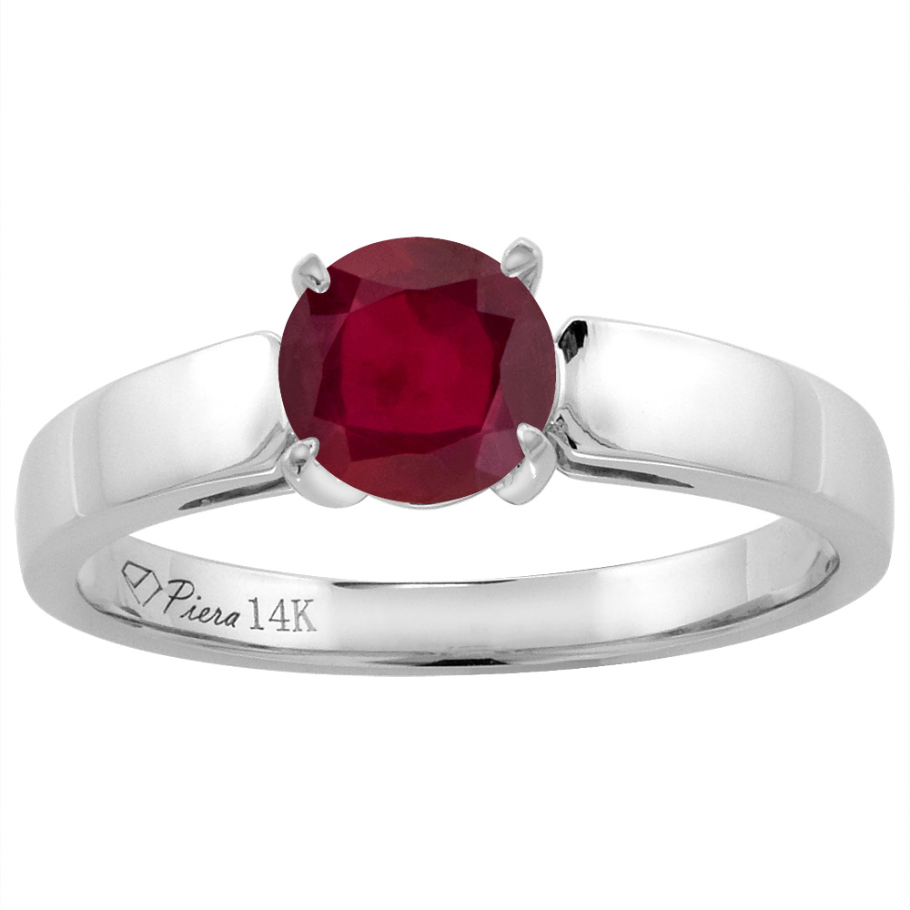 14K White Gold Enhanced Genuine Ruby Solitaire Engagement Ring Round 7 mm, sizes 5-10