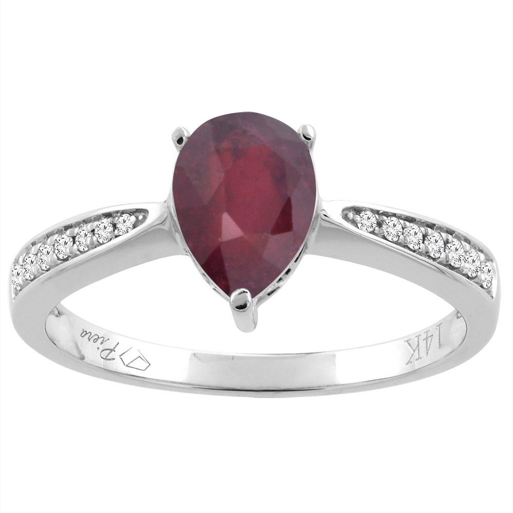 14K Gold Enhanced Ruby Ring Pear Shape 8x6 mm Diamond Accents, sizes 5 - 10