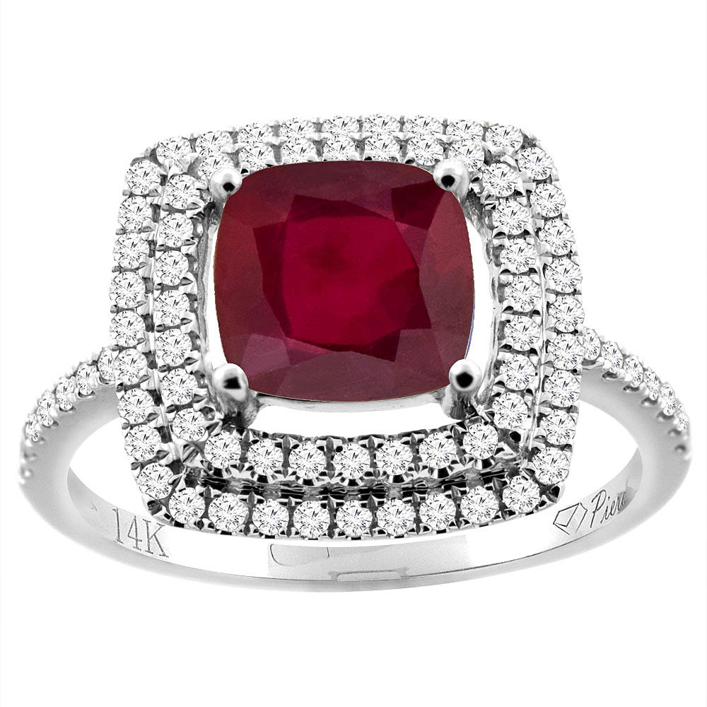 14K Gold Enhanced Genuine Ruby Ring Cushion-cut 7x7 mm Double Halo Diamond Accents, sizes 5 - 10
