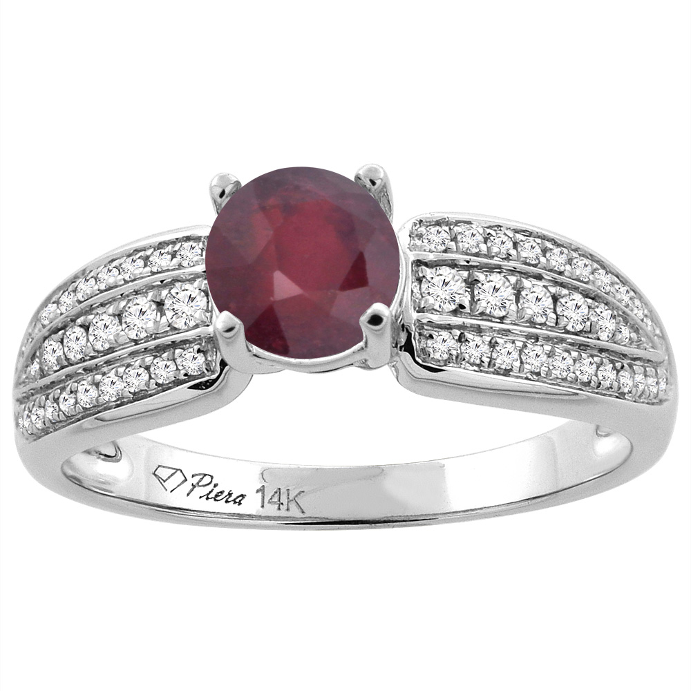 14K White Gold Enhanced Ruby Engagement Ring Round 6 mm 3-row Diamond Accents, sizes 5 - 10