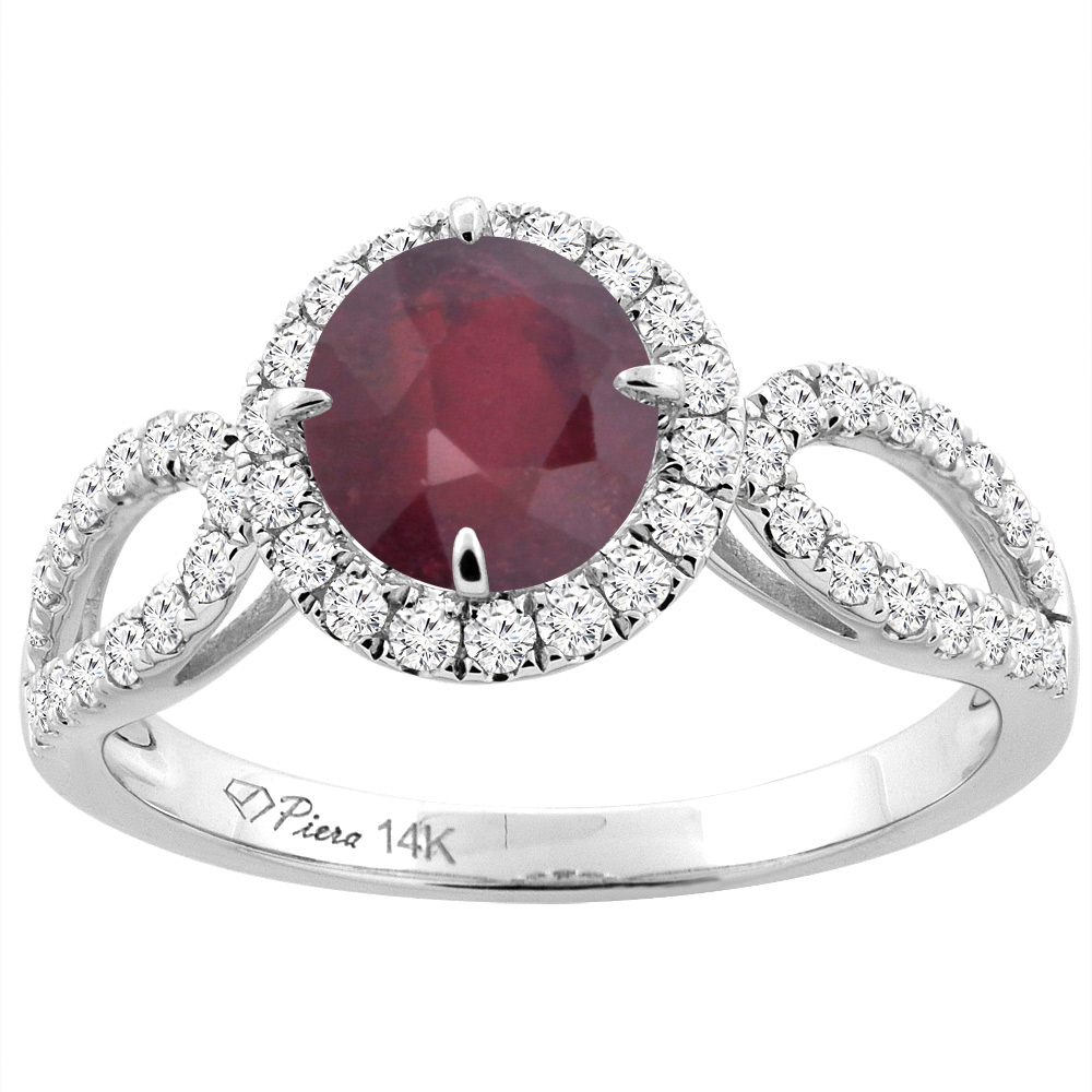 14K White Gold Enhanced Ruby Engagement Halo Ring Round 6 mm &amp; Diamond Accents, sizes 5 - 10