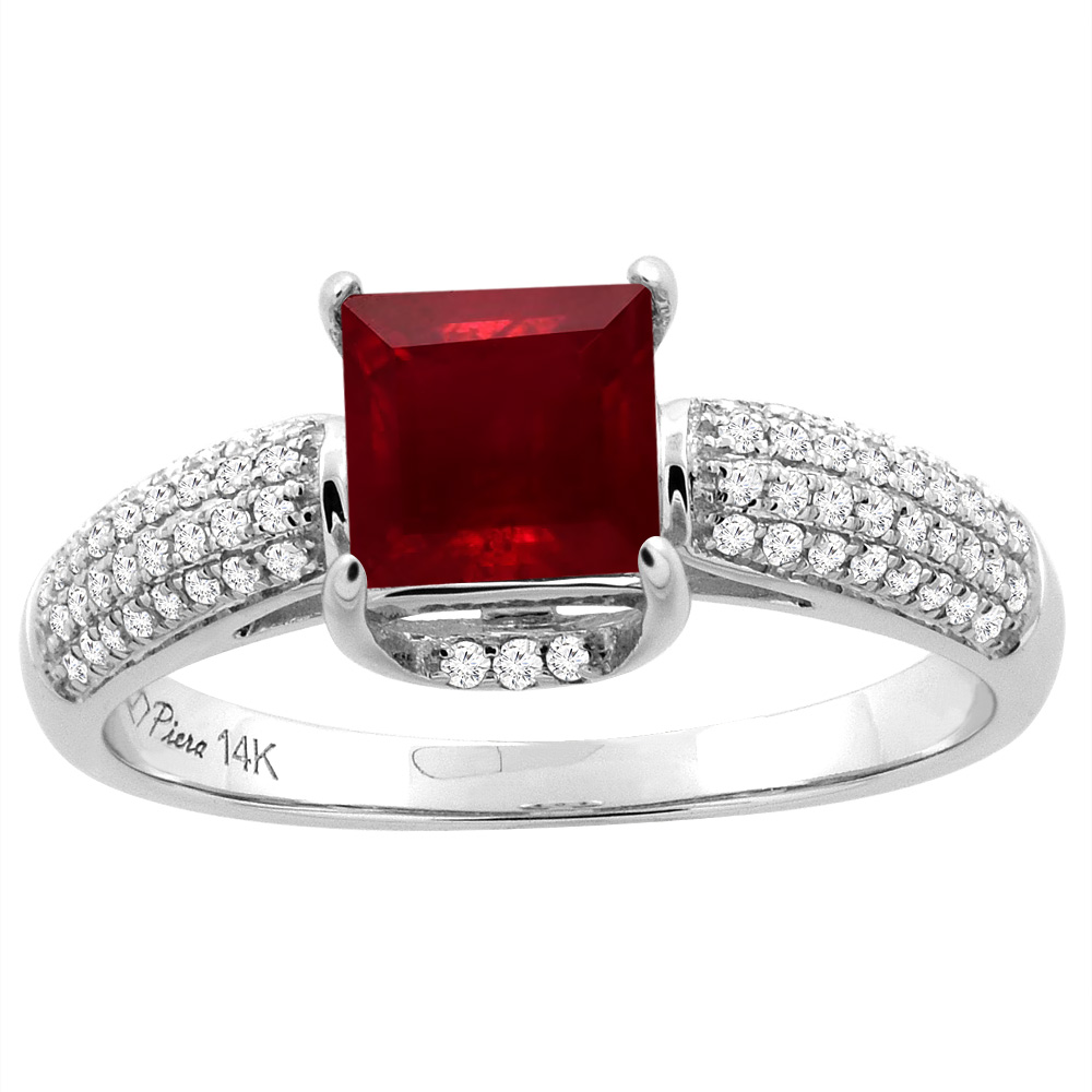 14K White Gold Enhanced Ruby Engagement Ring Square 6 mm & Diamond Accents, sizes 5 - 10