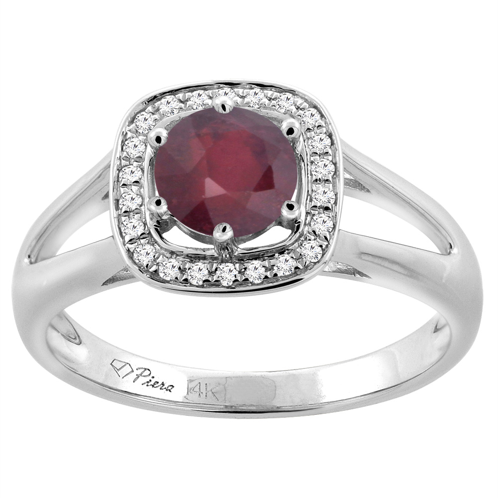 14K White Gold Enhanced Ruby Engagement Halo Ring Round 6 mm &amp; Diamond Accents, sizes 5 - 10