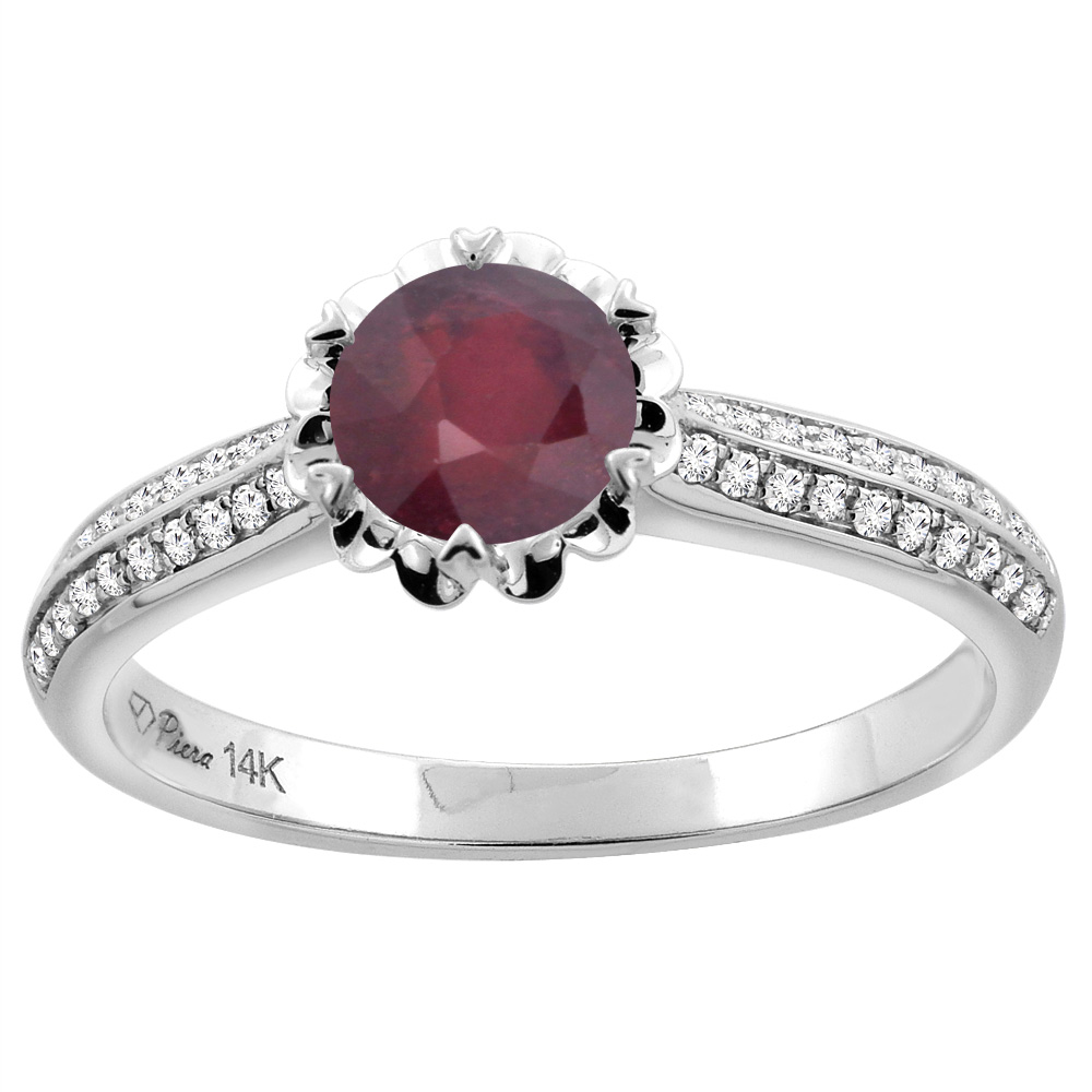 14K White Gold Enhanced Ruby Engagement Ring Round 6 mm & Diamond Accents, sizes 5 - 10