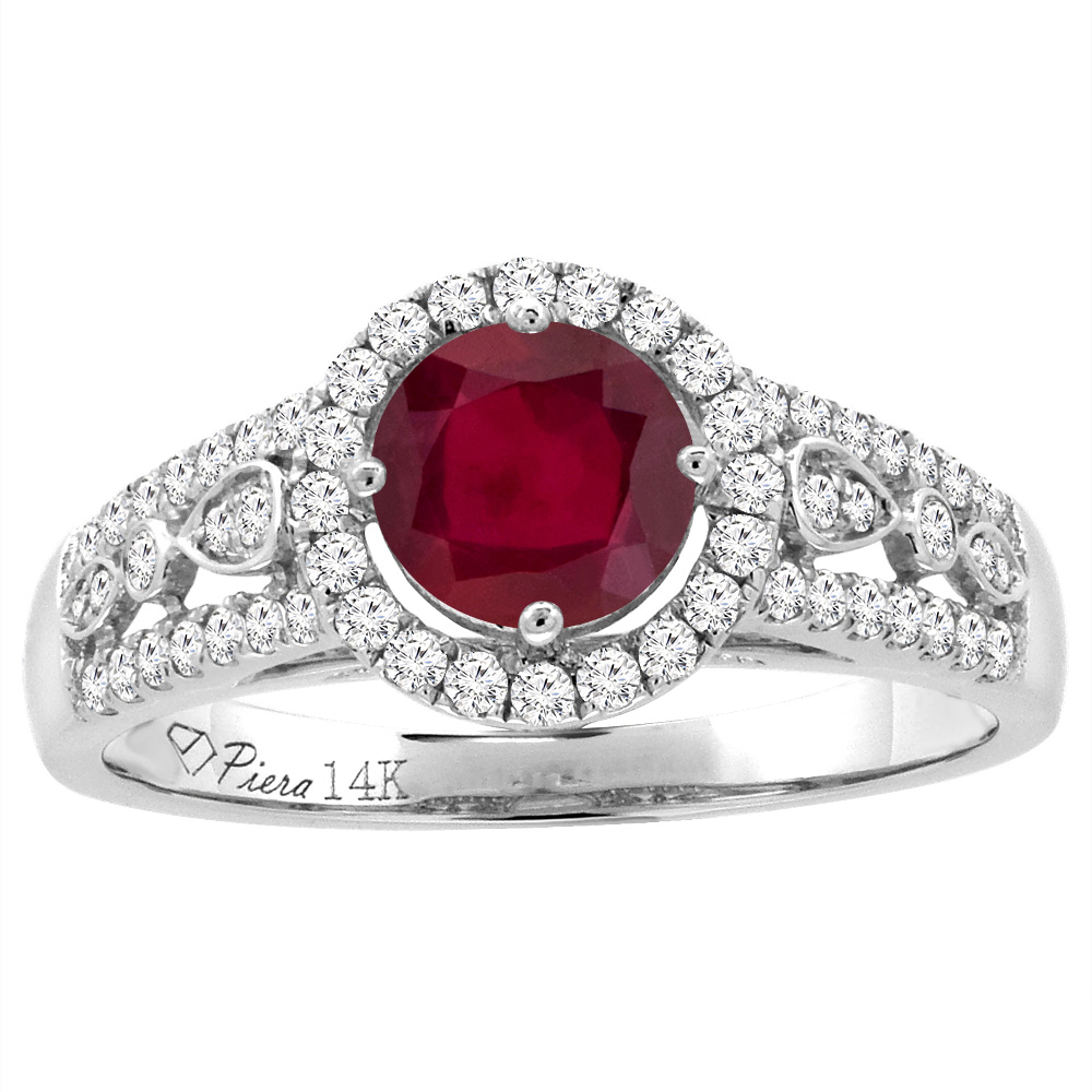 14K White Gold Diamond Enhanced Genuine Ruby Engagement Halo Ring Round 7 mm, sizes 5-10