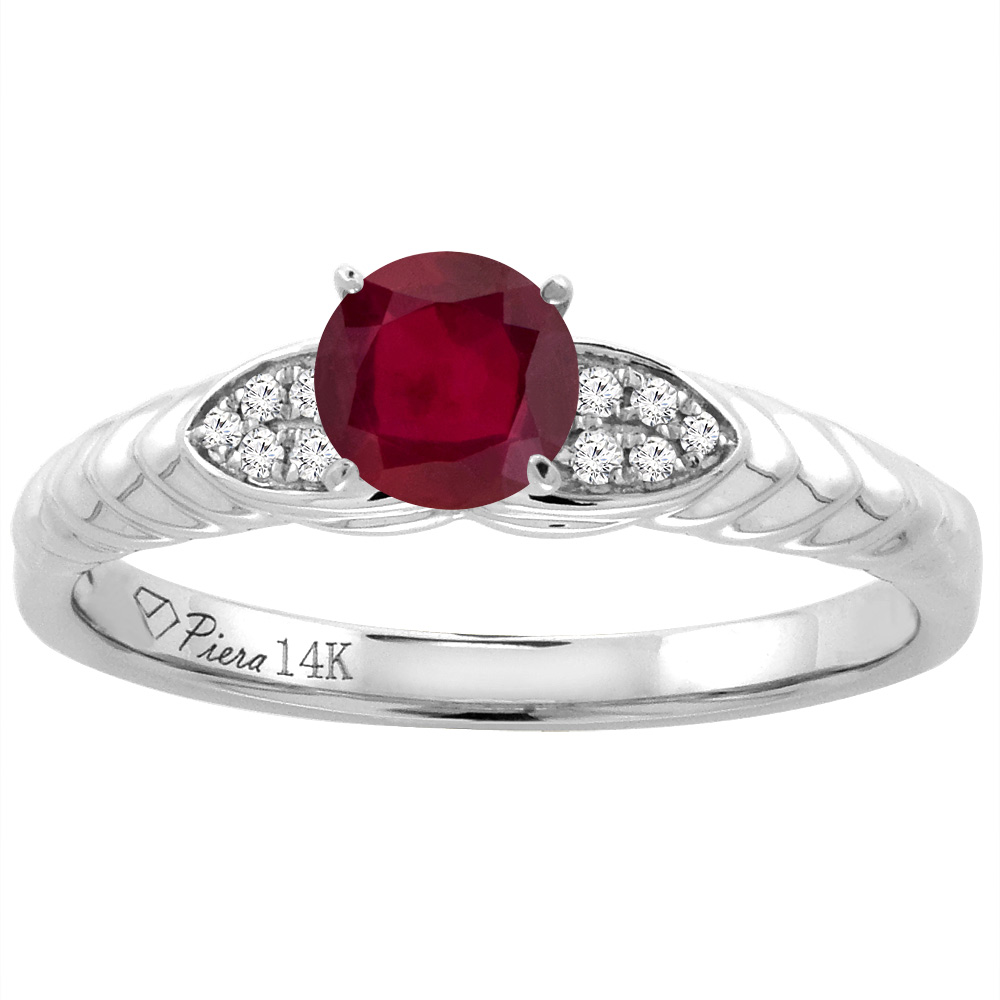 14K White Gold Diamond Enhanced Genuine Ruby Engagement Ring Round 5 mm, sizes 5-10