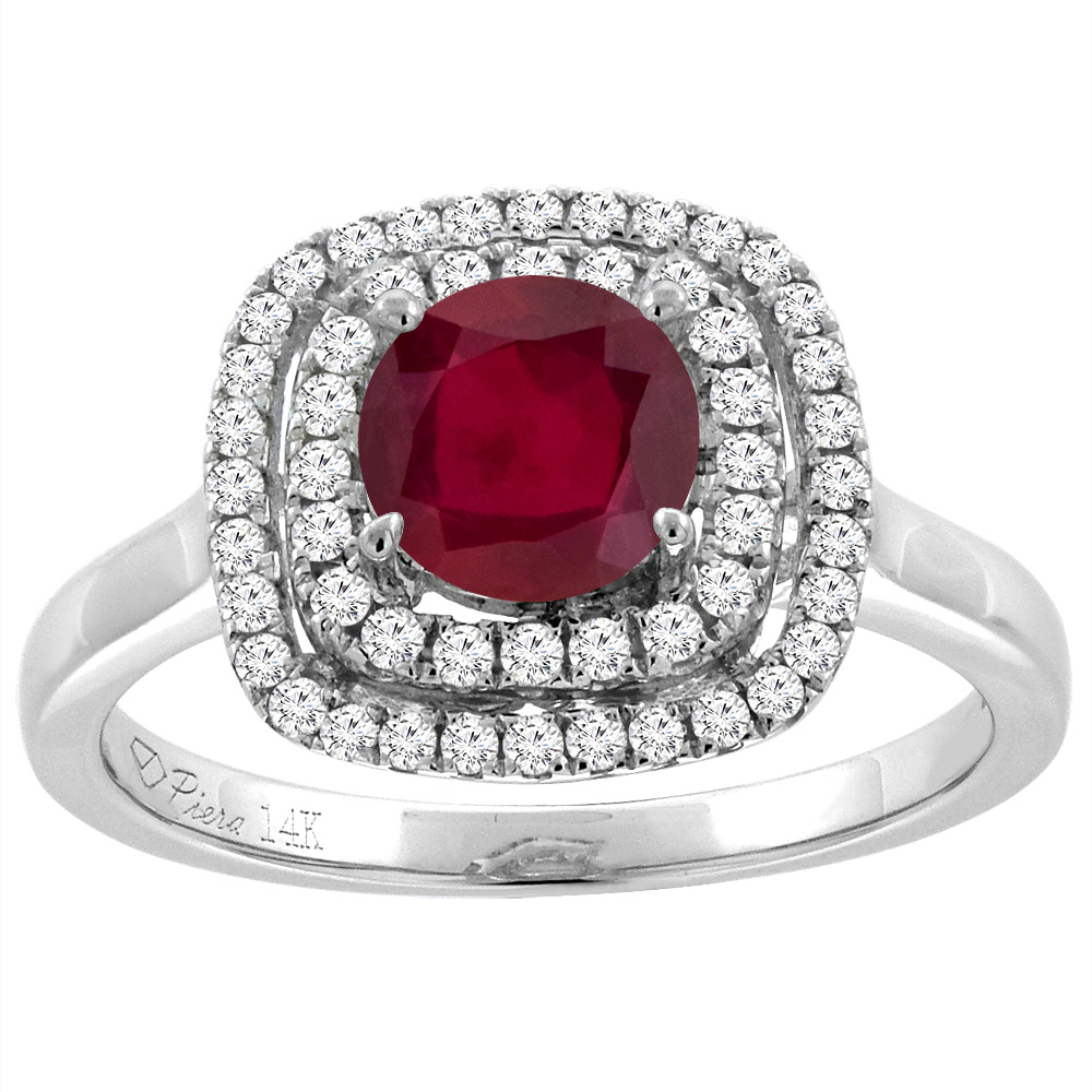 14K White Gold Enhanced Genuine Ruby Double Halo Diamond Engagement Ring Round 7 mm, sizes 5-10