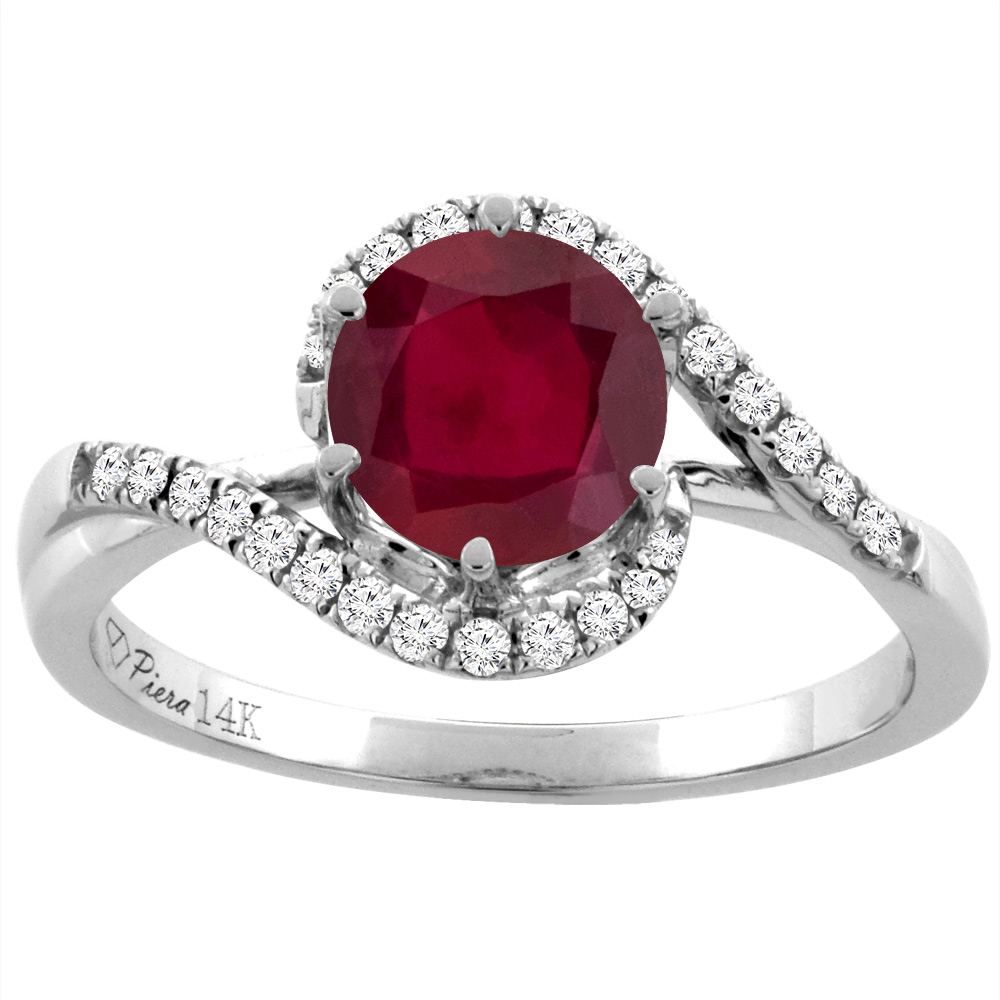 14K White Gold Diamond Enhanced Genuine Ruby Bypass Engagement Ring Round 7 mm, sizes 5-10