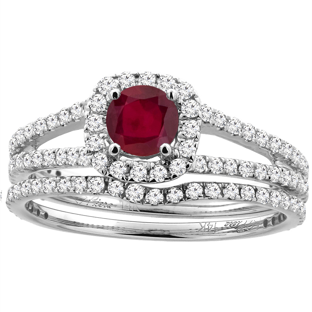 14K White Gold Diamond Halo Enhanced Genuine Ruby 2pc Engagement Ring Set Round 5 mm, sizes 5-10