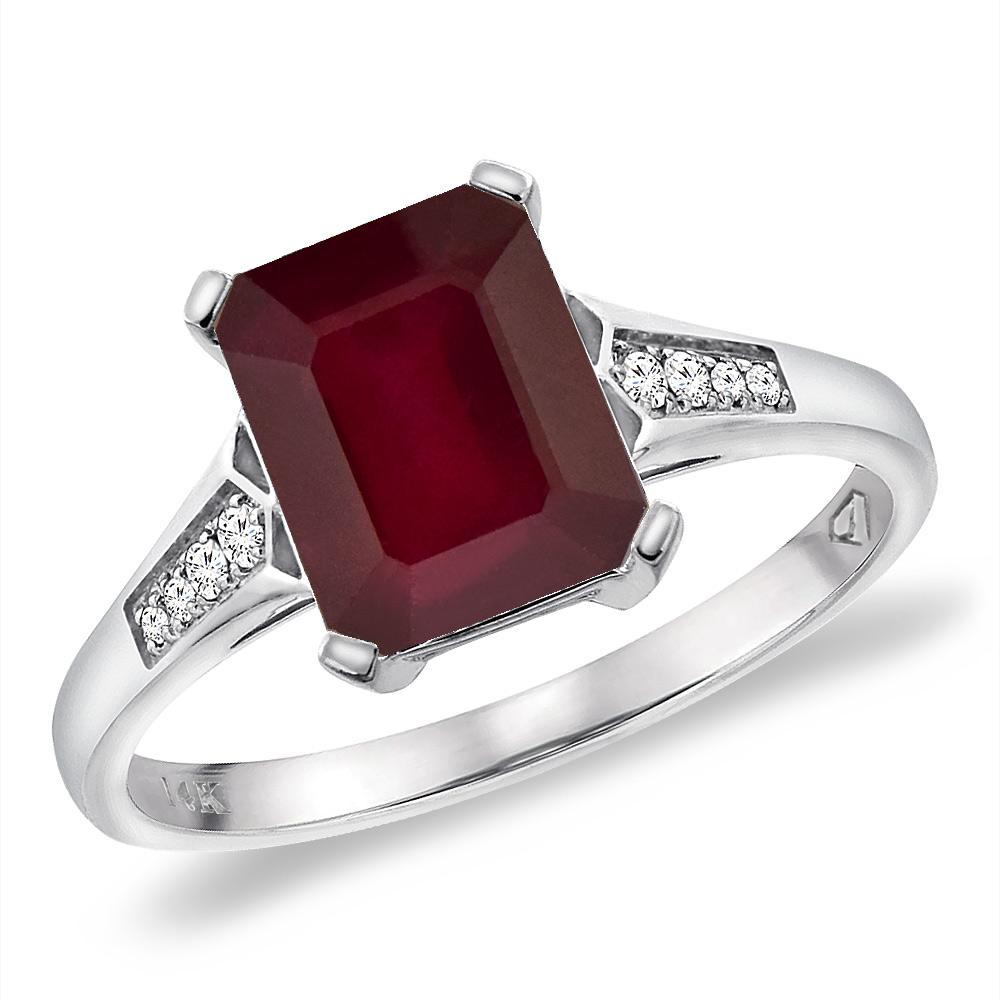 14K White Gold Enhanced Genuine Ruby Ring 9x7 mm Octagon with Diamond Accent, sizes 5 -10