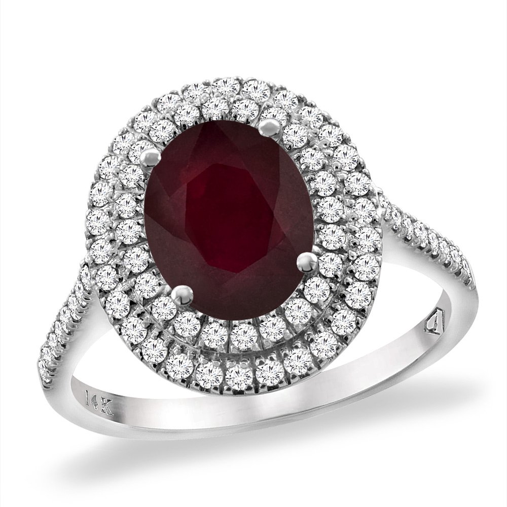 14K White Gold Enhanced Genuine Ruby Two Halo Diamond Engagement Ring 9x7 mm Oval, sizes 5 -10