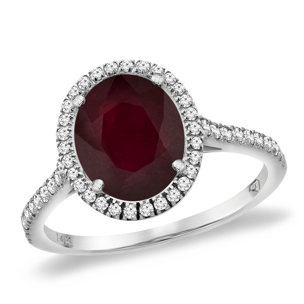 14K White Gold Enhanced Genuine Ruby Diamond Halo Engagement Ring 10x8 mm Oval, sizes 5 -10