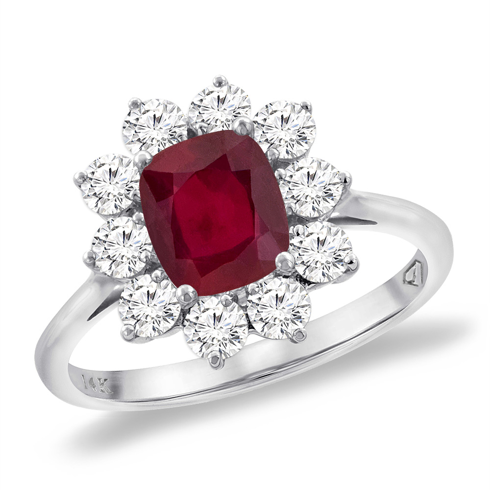 14K White Gold Diamond Enhanced Genuine Ruby Engagement Ring 8x6 mm Cushion, sizes 5 -10