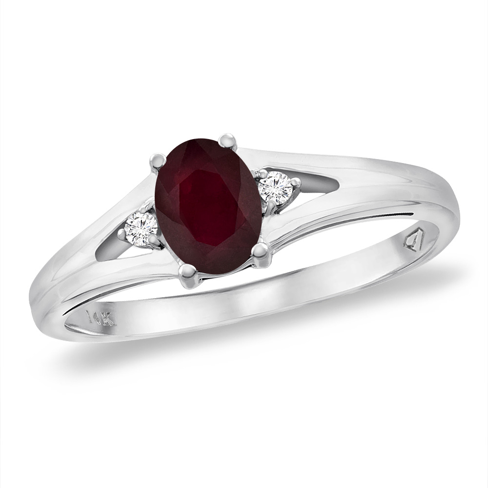 14K White Gold Diamond Enhanced Genuine Ruby Engagement Ring Oval 6x4 mm, sizes 5 -10