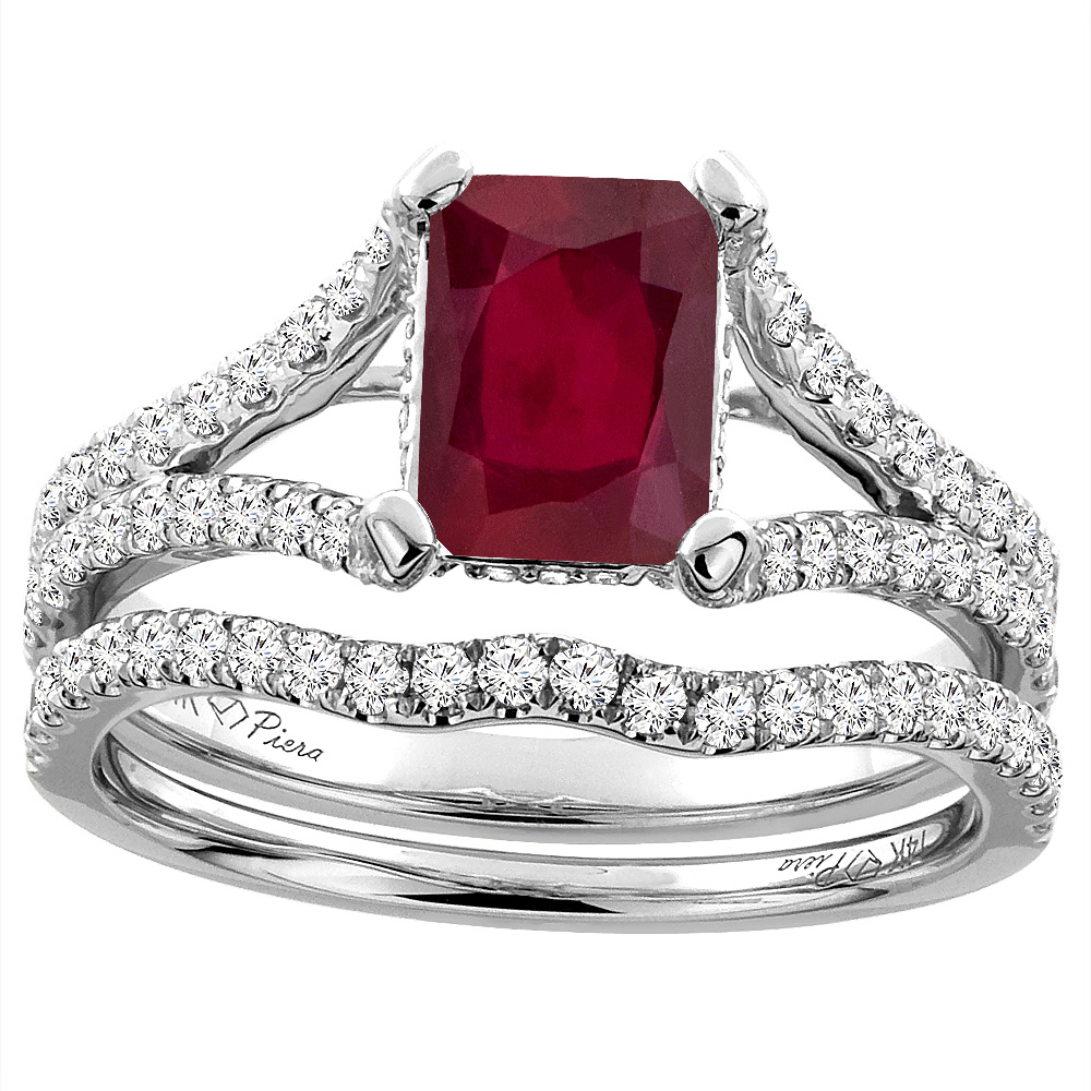 14K White Gold Enhanced Genuine Ruby Engagement Ring Set Emerald 8x6 mm, sizes 5-10