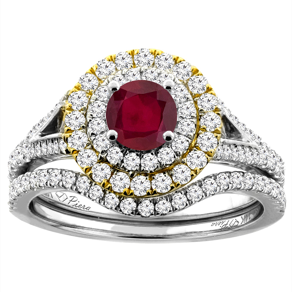 14K White Gold Diamond Enhanced Genuine Ruby Halo Engagement Bridal Ring Set Round 5 mm, sizes 5-10