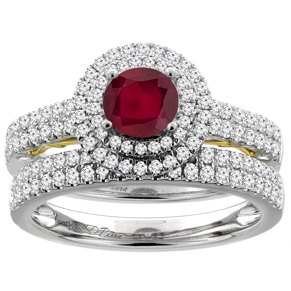 14K White Gold Diamond Enhanced Genuine Ruby Halo Engagement Ring Set Round 6 mm, sizes 5-10