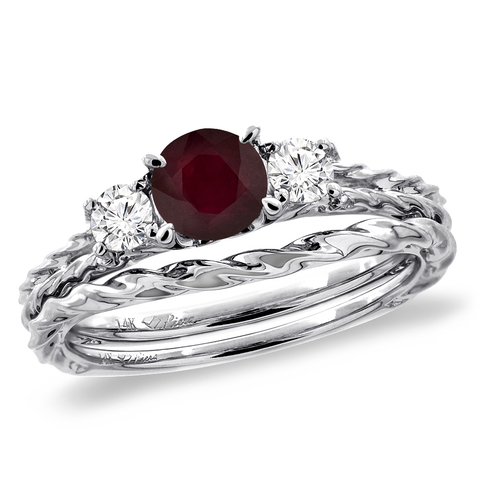 14K White Gold Diamond Enhanced Genuine Ruby 2pc Engagement Ring Set Round 6mm Twisted, sizes 5-10